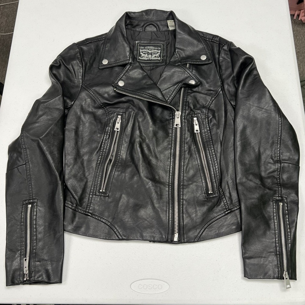 Levi's Faux Leather Moto Jacket Womens Small Black Asymmetrical Zip F2